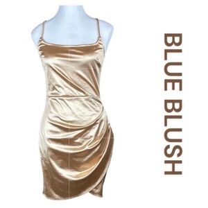 BLUE BLUSH Gold Bodycon Mini Dress w/Ruched Side, Adjustable Straps, Size M.